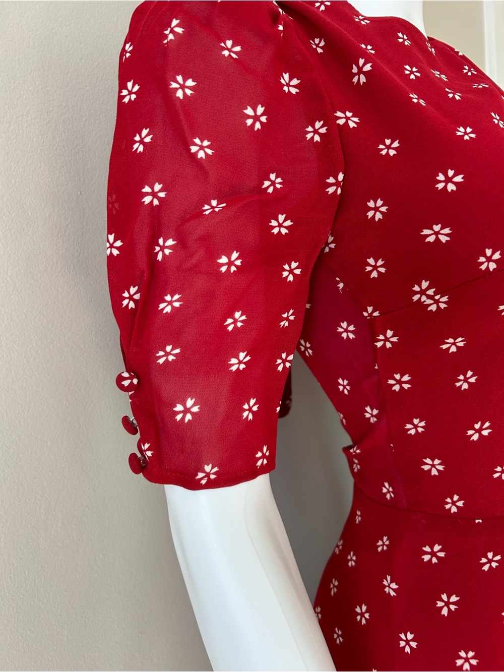 Reformation Red Floral Mini Dress Size 0 Puff Sleeve Open Back Tie Dress - Picture 3 of 10